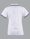 A white polo shirt with a fitted design and navy stripes on the collar and sleeves, featuring a logo.