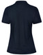 A navy blue ladies’ polo shirt with a classic collar and short sleeves, featuring a logo on the back.