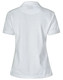 A white ladies' polo shirt featuring a short design and rolled sleeves, with a logo on the back.