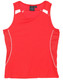 A red ladies' singlet featuring mesh panels and white accents, plus a logo on the design.