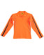 A long-sleeved, high-visibility polo shirt in bright orange with black accents and a branding logo.