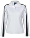A white long sleeve polo shirt with black side accents and a collar, featuring a logo on the chest area.