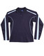 A long sleeve polo shirt in navy blue with light blue side stripes and a collar. The shirt features a logo.