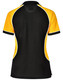 A black and yellow tri-colour short-sleeve polo shirt with a logo on the back.