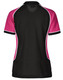 A ladies' short-sleeve polo shirt featuring a tri-colour design in black, pink, and white, with a logo.