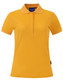 A women's polo shirt in bright yellow, featuring a collar and a logo on the side.