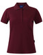 A red ladies' polo shirt with a collar, short sleeves, and a logo on the side.