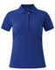 A blue ladies' polo shirt with a collar and short sleeves, featuring a logo on the side.