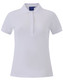 A ladies' polo shirt in white with a contrasting collar, featuring a logo.
