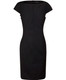 A black cap sleeve dress featuring a fitted silhouette and pleated detailing, designed in a wool blend stretch fabric.