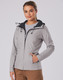 A waterproof performance jacket in light grey with a black hood and adjustable features. It has a subtle logo.
