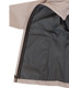 A performance jacket featuring a beige exterior and a dark interior lining with zippered pockets. It has a logo.