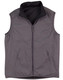 A grey versatile vest with a zippered front and two front pockets, featuring a collar and a branded logo.