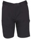 Black ladies' utility cargo shorts featuring multiple pockets and a button closure, with a branding logo.