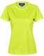 A bright lime green ladies' short-sleeve performance tee with a branding logo on the neckline.