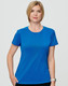 A blue women’s ultra light weight performance short sleeve t-shirt with a logo.
