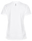 A white short-sleeve performance T-shirt with a sleek design and a logo on the back.
