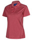 A red short sleeve polo shirt featuring a classic collar and a logo, designed for women's wear.