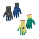 Latex dipped gloves in grey with blue fingertips and yellow with green palms. Each pair features a logo.