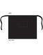 A black short waist apron with ties and a pocket, measuring 84cm x 69cm, featuring a logo.