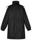 A long black stadium jacket with a high collar and adjustable features, featuring a logo on the design.