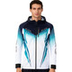 A men's hooded jacket in navy and white, featuring a blue gradient design and a logo on the chest.