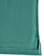 A close-up view of a teal men's bamboo charcoal polo shirt, featuring a hem with side splits and a logo.