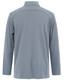 A long-sleeved, grey polo shirt featuring a collar and a simple design, with a logo on the back.