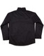 A black men's jacket with a collar and long sleeves, featuring a simple design and a logo.