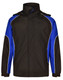 A unisex jacket featuring a black and blue design with white piping and a high collar. It has a logo on it.