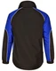 A unisex jacket featuring a black body with blue panels and a logo on the back.