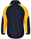 A unisex jacket featuring a navy blue body with vibrant yellow accents, and a logo on the back.