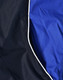 A close-up of a unisex jacket featuring black outer fabric and a blue inner lining, with contrasting white piping.