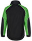 A black and green men's contrast jacket featuring a collar and sporty design, with a logo on the back.