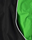 A unisex jacket features a black exterior with green interior detailing and white piping. It has a logo on the fabric.