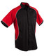 Men's tri-colour contrast button-up shirt in black with red sleeves and white accents. Features a logo on the chest.