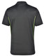 A black polo shirt with contrast green piping and a logo on the back. Suitable for casual or sport wear.