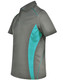 A grey polo shirt featuring teal contrast panels and a logo. Made from Cooldry fabric with short sleeves.