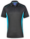 A black polo shirt with turquoise contrast panels and a logo on the chest. Short sleeves and a classic collar design.