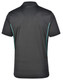 A black men's polo shirt featuring contrast detailing in a turquoise shade, with a logo on the back.