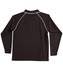 A black long-sleeve polo shirt with white detailing and a logo on the back.