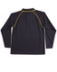 A black long-sleeve polo shirt featuring yellow contrast stitching and a collar. It has a logo on the back.