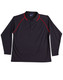A long-sleeve black polo shirt with red detailing and a collar. It features a logo on the chest area.