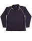 A black long-sleeve polo shirt with raglan sleeves and white piping detail. It features a collar and buttons.
