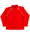 A red long-sleeve polo shirt with raglan sleeves and white piping. The shirt features a collar and buttons, with a logo.