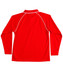A red long-sleeve polo shirt with a raglan design and contrasting piping. It features a collar and has a logo.