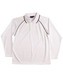 A white long-sleeve polo shirt with black piping and a collar. The shirt features a logo.