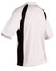 A men's polo shirt featuring a white body with black accents and a logo on the back.