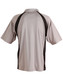 A men's polo shirt in grey with black accents, featuring a collar and short sleeves, and includes a logo.