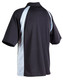 A black and light blue men's polo shirt with a standard collar and short sleeves, featuring a branded logo.